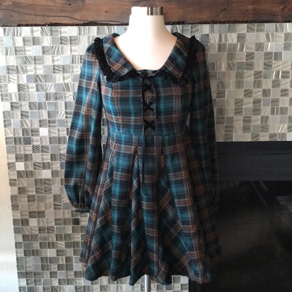 Ank Rouge plaid mini dress lace collar Small